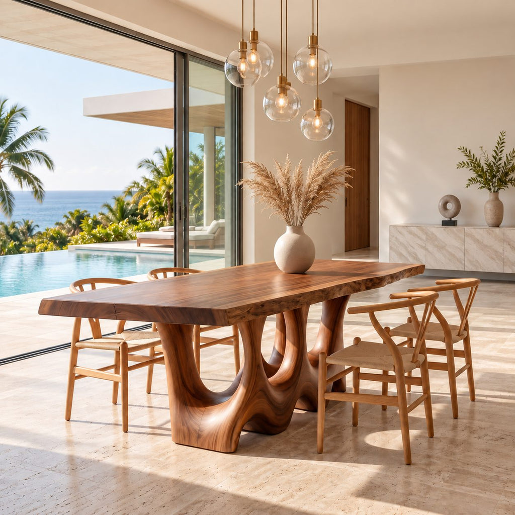 Hollow Carved Live Edge Dining Table, Solid Wood Slab on Two Organic Legs with Flowing Openings, Seats 6-12
