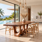 Hollow Carved Live Edge Dining Table, Solid Wood Slab on Two Organic Legs with Flowing Openings, Seats 6-12