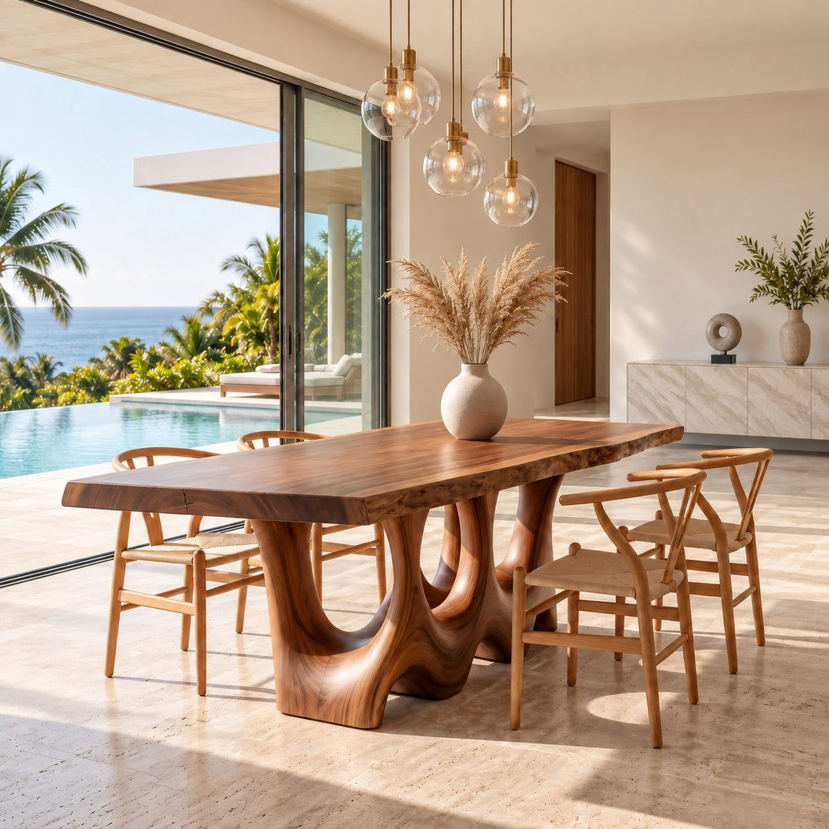 Hollow Carved Live Edge Dining Table, Solid Wood Slab on Two Organic Legs with Flowing Openings, Seats 6-12