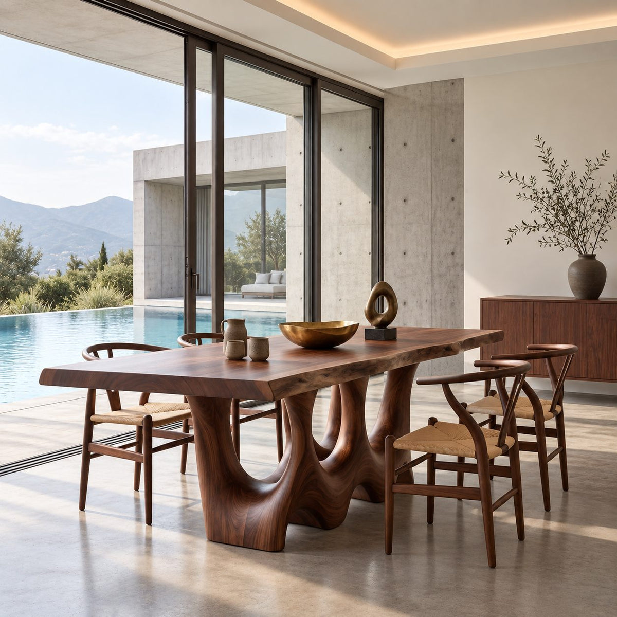 Hollow Carved Live Edge Dining Table, Solid Wood Slab on Two Organic Legs with Flowing Openings, Seats 6-12