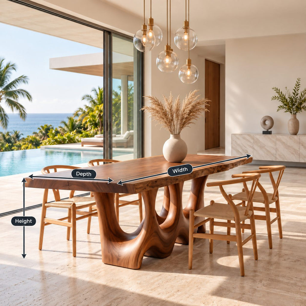 Hollow Carved Live Edge Dining Table, Solid Wood Slab on Two Organic Legs with Flowing Openings, Seats 6-12