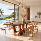 Hollow Carved Live Edge Dining Table, Solid Wood Slab on Two Organic Legs with Flowing Openings, Seats 6-12