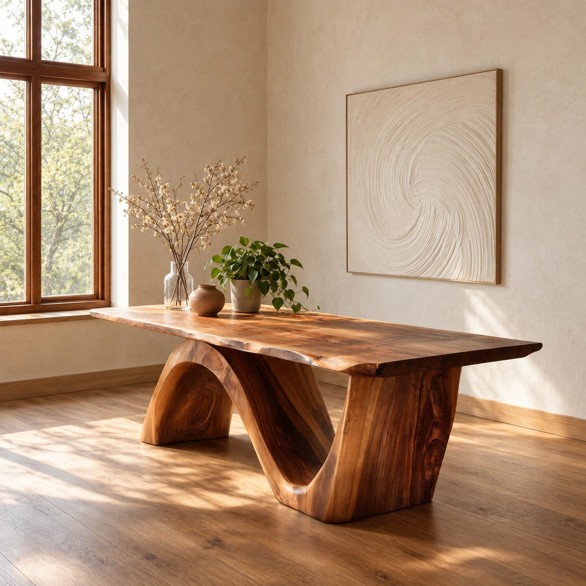 Wave Base Live Edge Dining Table, Thick Solid Wood Slab on One Curving Panel Base, Seats 6 to 12