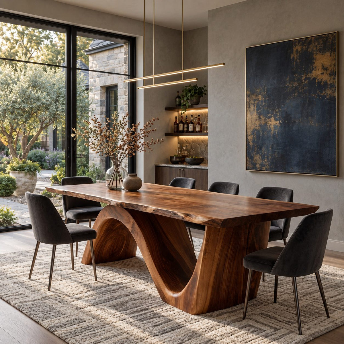 Wave Base Live Edge Dining Table, Thick Solid Wood Slab on One Curving Panel Base, Seats 6 to 12