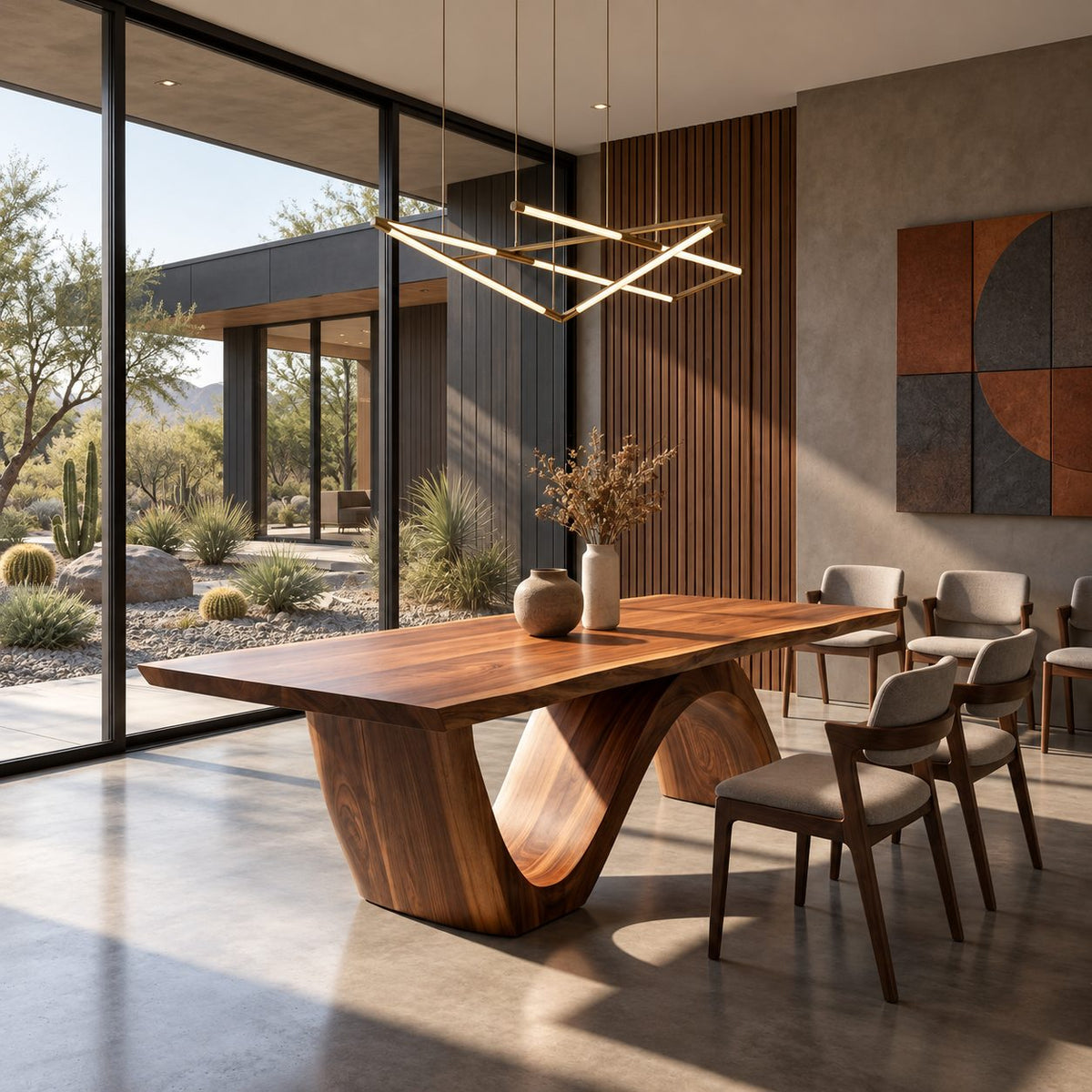 Wave Base Live Edge Dining Table, Thick Solid Wood Slab on One Curving Panel Base, Seats 6 to 12