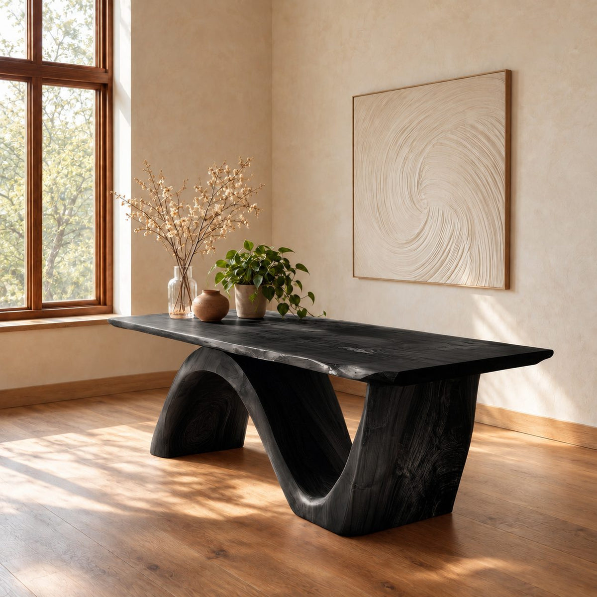 Wave Base Live Edge Dining Table, Thick Solid Wood Slab on One Curving Panel Base, Seats 6 to 12