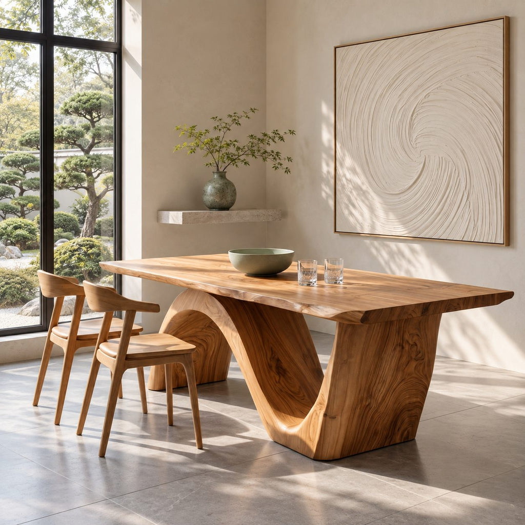 Wave Base Live Edge Dining Table, Thick Solid Wood Slab on One Curving Panel Base, Seats 6 to 12