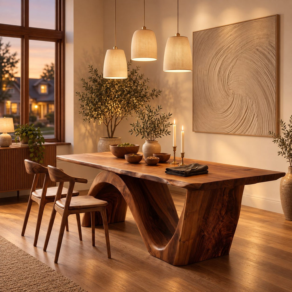 Wave Base Live Edge Dining Table, Thick Solid Wood Slab on One Curving Panel Base, Seats 6 to 12