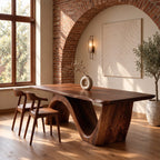 Wave Base Live Edge Dining Table, Thick Solid Wood Slab on One Curving Panel Base, Seats 6 to 12