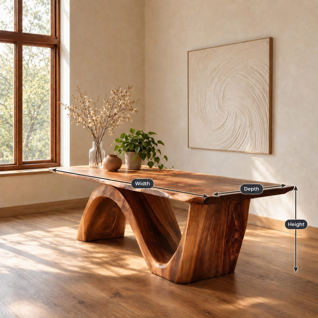 Wave Base Live Edge Dining Table, Thick Solid Wood Slab on One Curving Panel Base, Seats 6 to 12