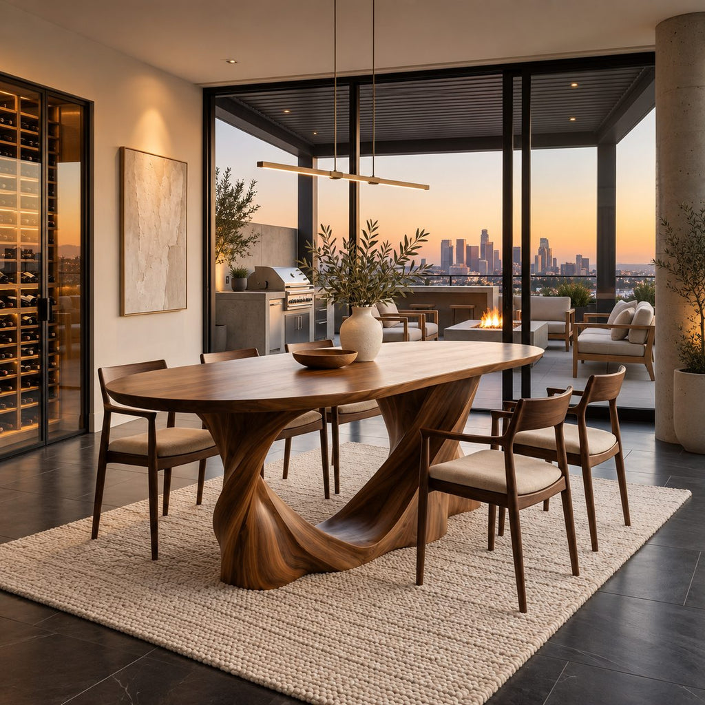 Twist Leg Oval Dining Table, Solid Wood Racetrack Top on a Turning Sculptural Base, 63 to 79 Inch