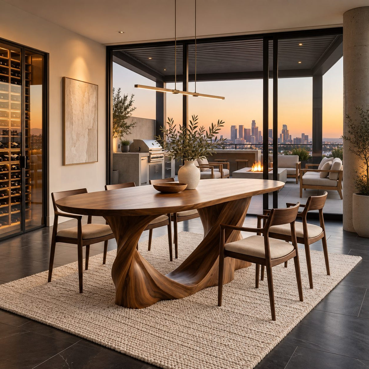 Twist Leg Oval Dining Table, Solid Wood Racetrack Top on a Turning Sculptural Base, 63 to 79 Inch