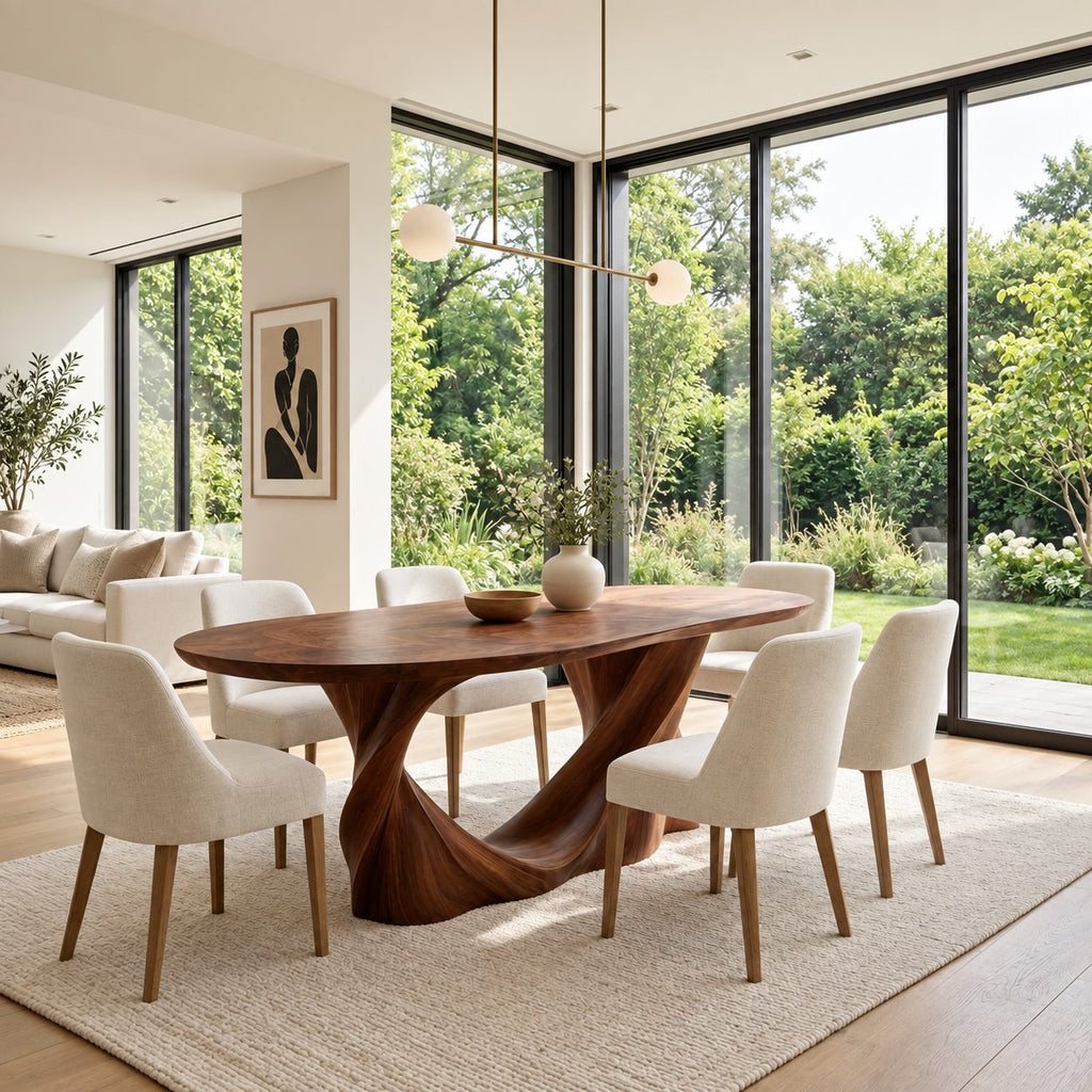 Twist Leg Oval Dining Table, Solid Wood Racetrack Top on a Turning Sculptural Base, 63 to 79 Inch