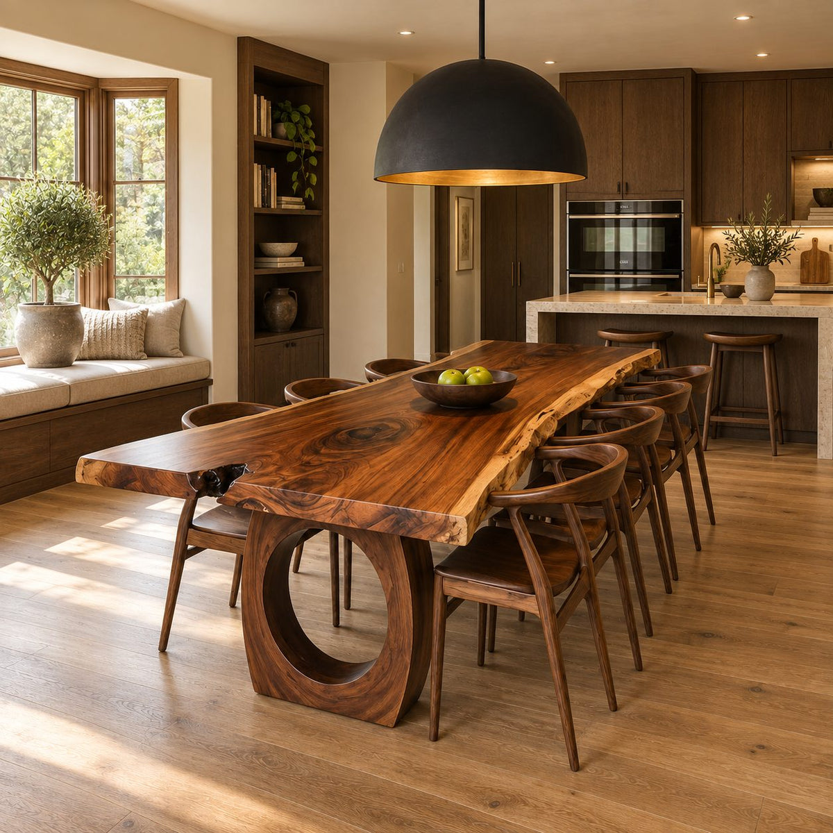 Ring Leg Live Edge Dining Table, Solid Wood Slab on Two Thick Circular Cut-Out Legs, Seats 6 to 10