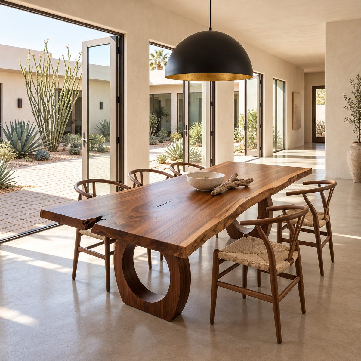 Ring Leg Live Edge Dining Table, Solid Wood Slab on Two Thick Circular Cut-Out Legs, Seats 6 to 10