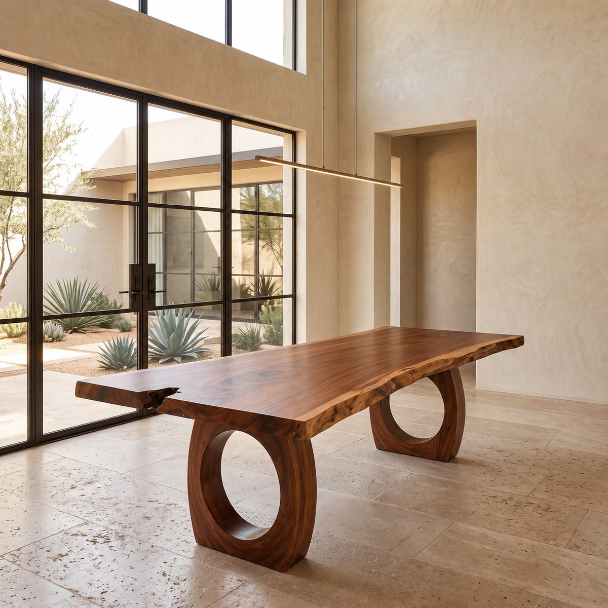 Ring Leg Live Edge Dining Table, Solid Wood Slab on Two Thick Circular Cut-Out Legs, Seats 6 to 10