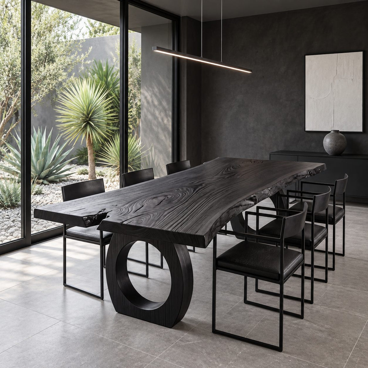 Ring Leg Live Edge Dining Table, Solid Wood Slab on Two Thick Circular Cut-Out Legs, Seats 6 to 10