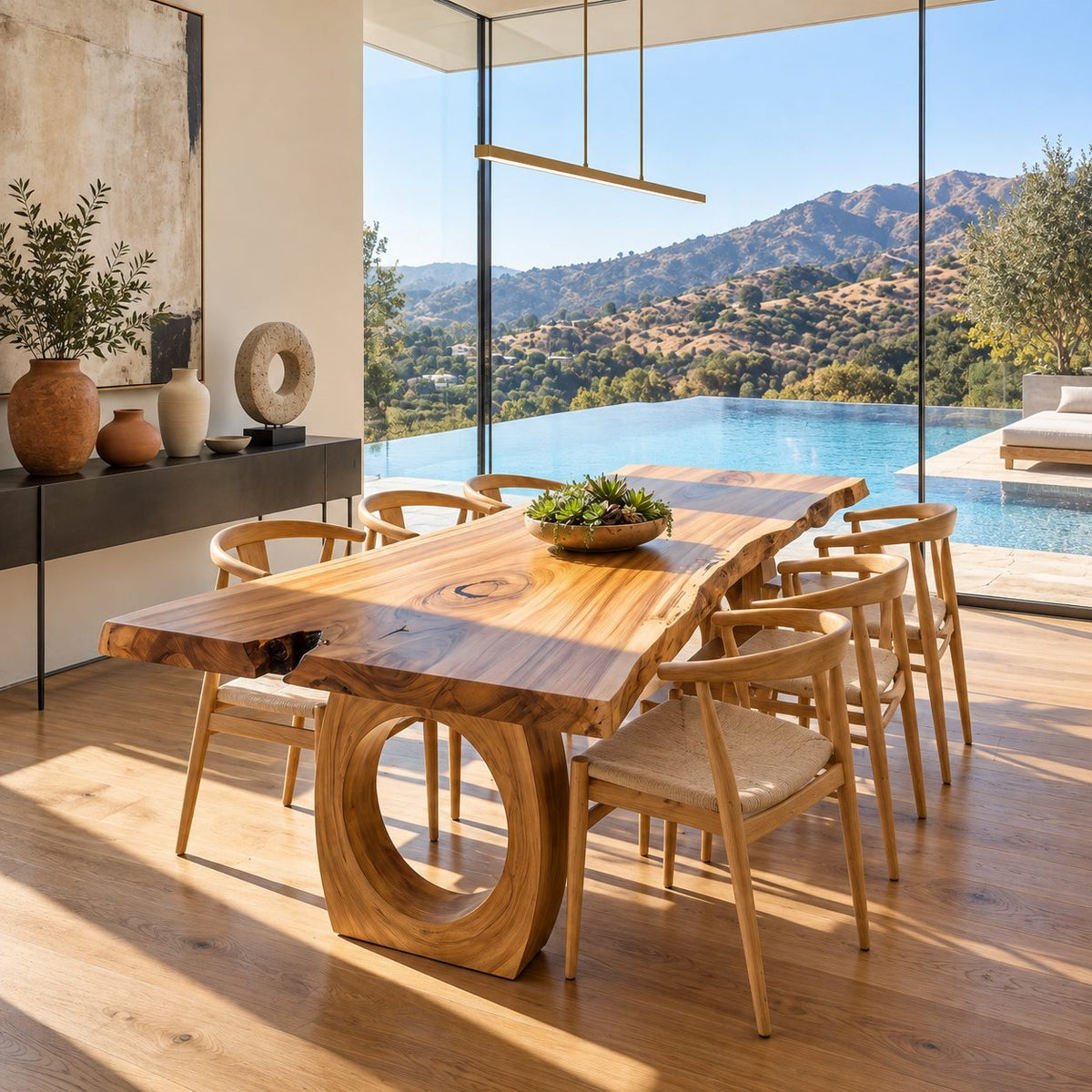 Ring Leg Live Edge Dining Table, Solid Wood Slab on Two Thick Circular Cut-Out Legs, Seats 6 to 10