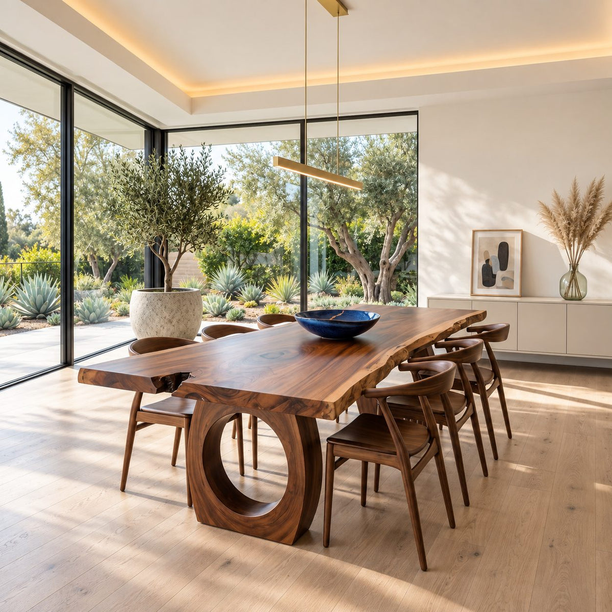 Ring Leg Live Edge Dining Table, Solid Wood Slab on Two Thick Circular Cut-Out Legs, Seats 6 to 10