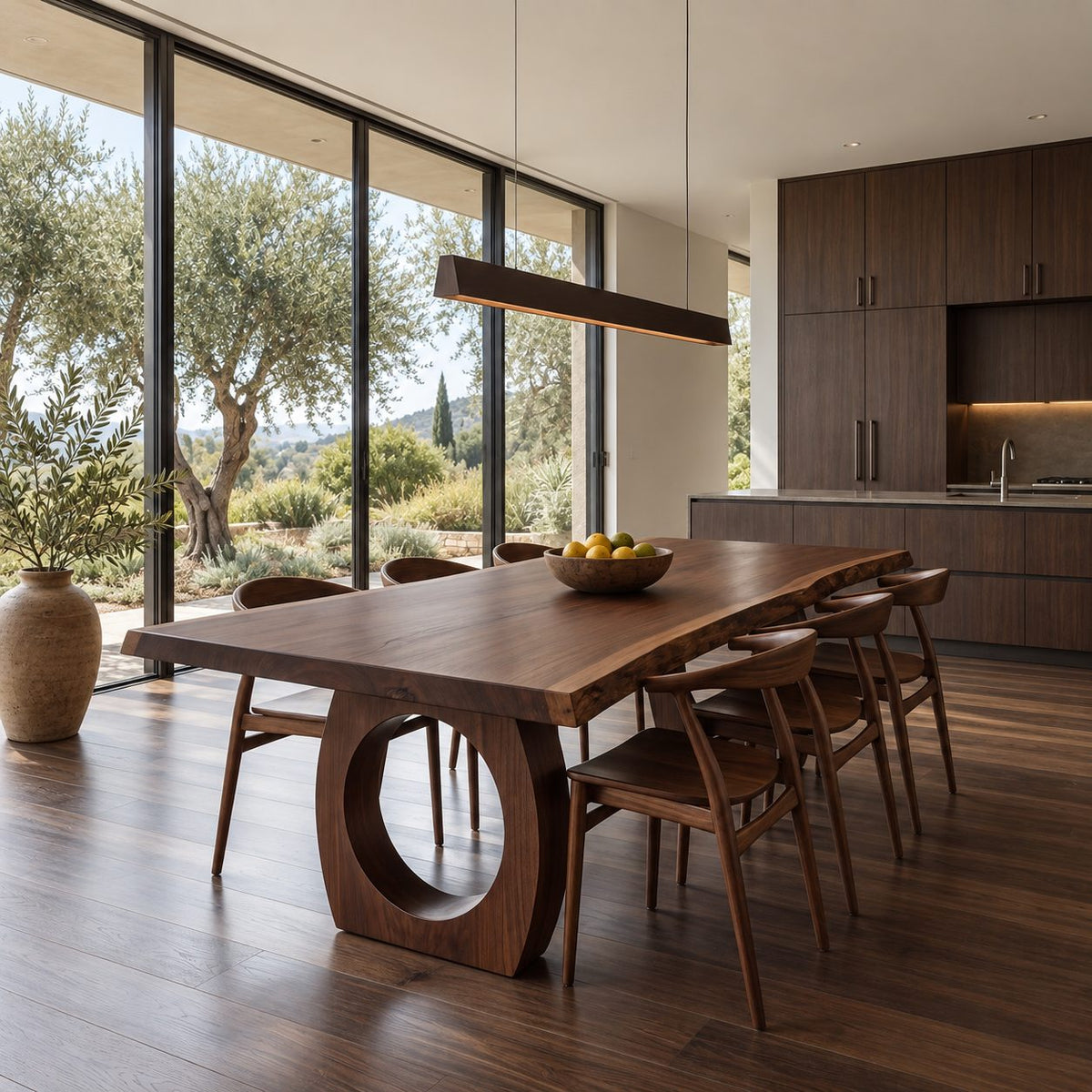 Ring Leg Live Edge Dining Table, Solid Wood Slab on Two Thick Circular Cut-Out Legs, Seats 6 to 10