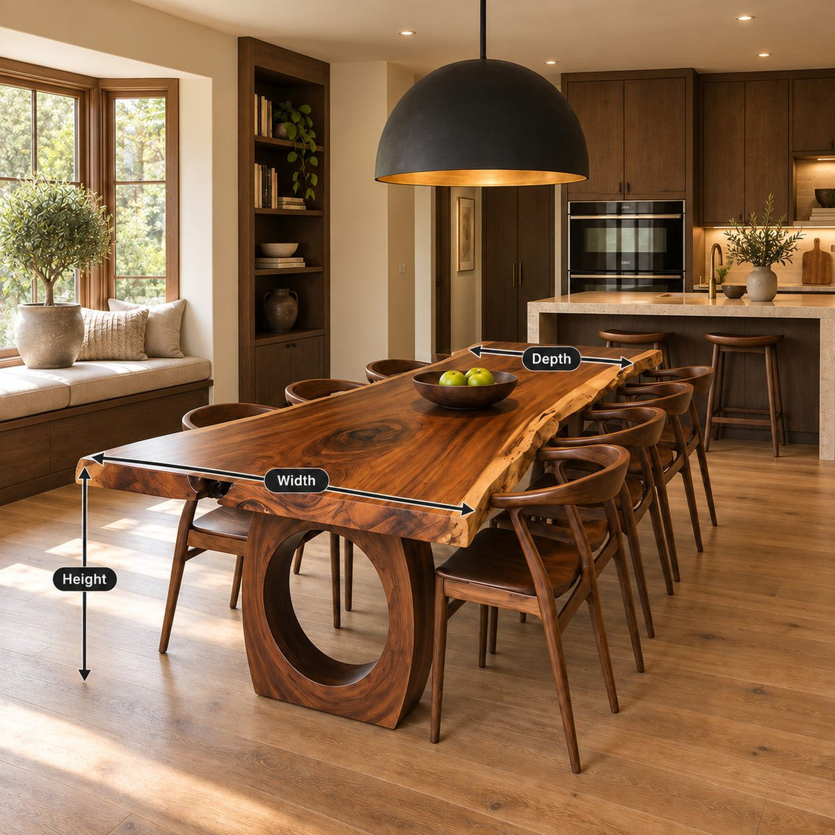 Ring Leg Live Edge Dining Table, Solid Wood Slab on Two Thick Circular Cut-Out Legs, Seats 6 to 10