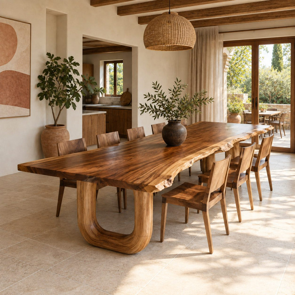 Horseshoe Leg Live Edge Dining Table, Solid Wood Slab on Two Rounded U-Shaped Legs, Seats 6 to 10