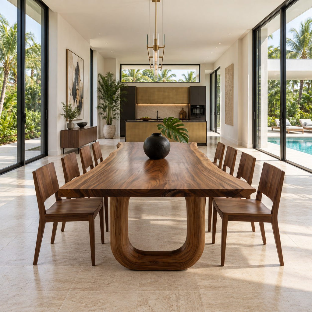 Horseshoe Leg Live Edge Dining Table, Solid Wood Slab on Two Rounded U-Shaped Legs, Seats 6 to 10