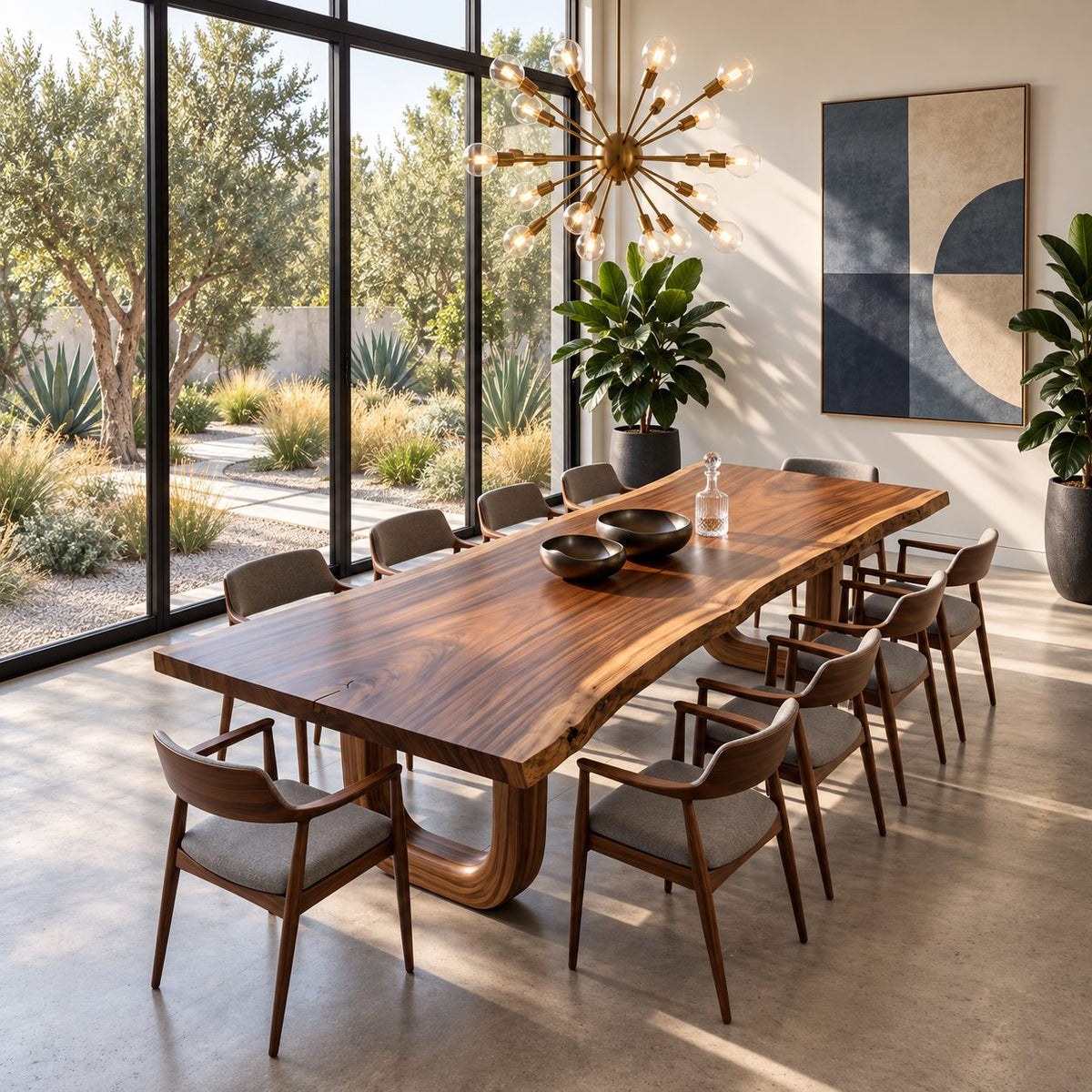 Horseshoe Leg Live Edge Dining Table, Solid Wood Slab on Two Rounded U-Shaped Legs, Seats 6 to 10