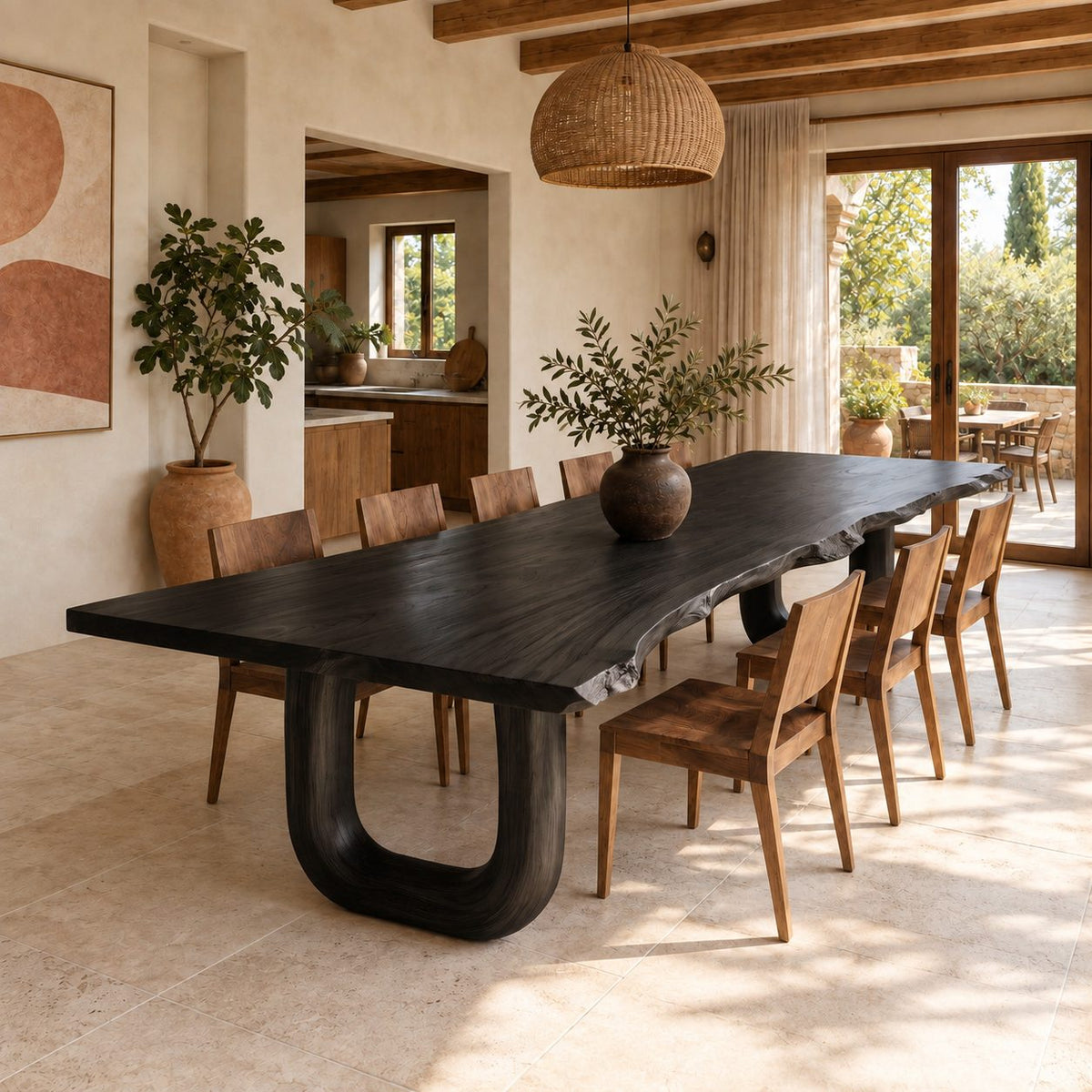 Horseshoe Leg Live Edge Dining Table, Solid Wood Slab on Two Rounded U-Shaped Legs, Seats 6 to 10