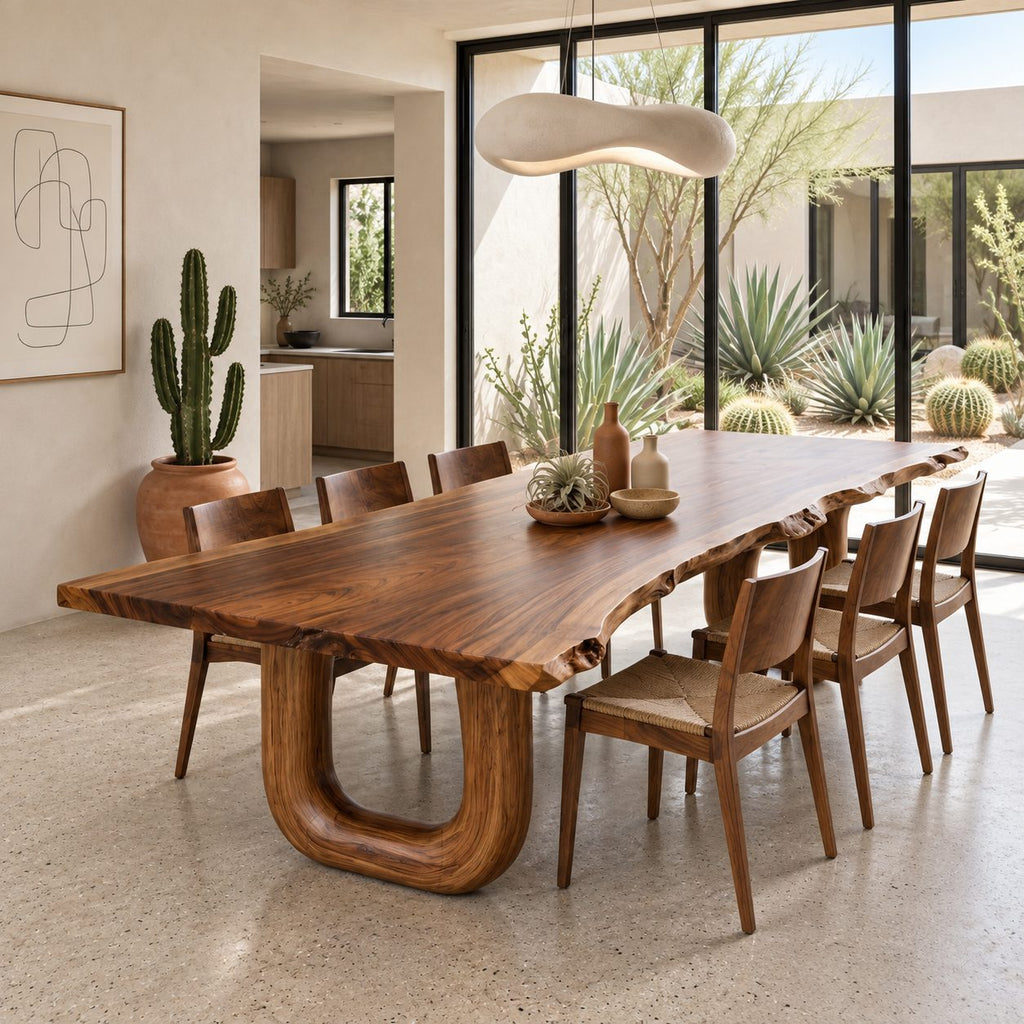 Horseshoe Leg Live Edge Dining Table, Solid Wood Slab on Two Rounded U-Shaped Legs, Seats 6 to 10