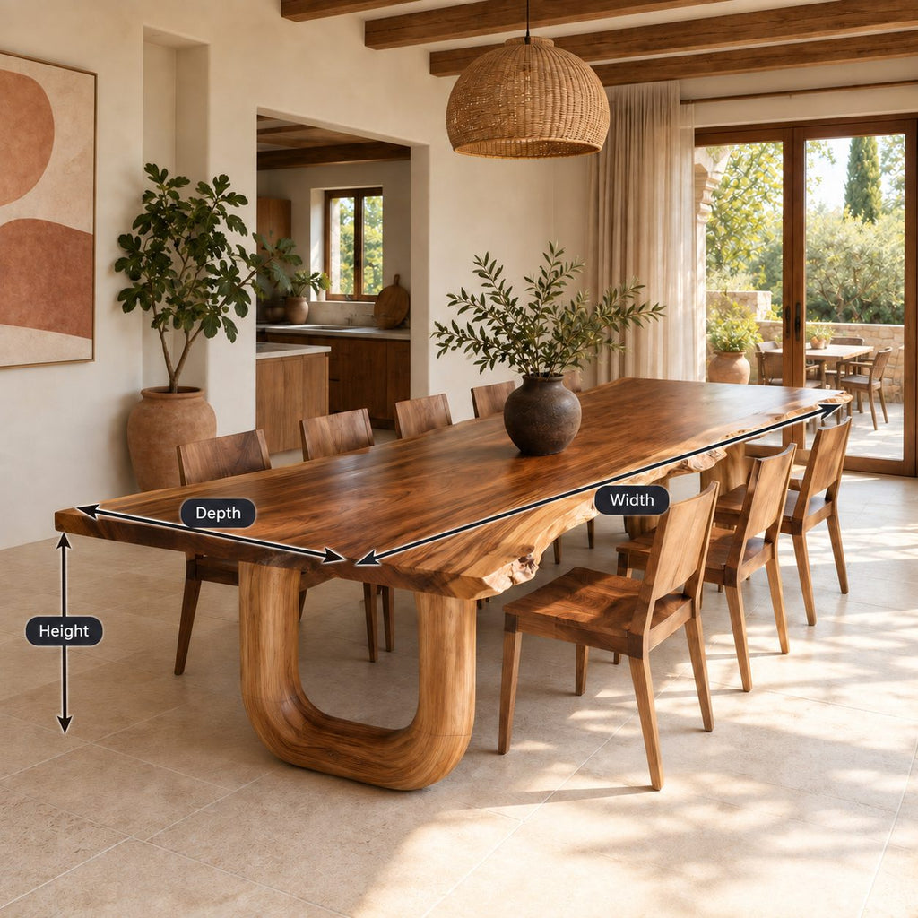 Horseshoe Leg Live Edge Dining Table, Solid Wood Slab on Two Rounded U-Shaped Legs, Seats 6 to 10