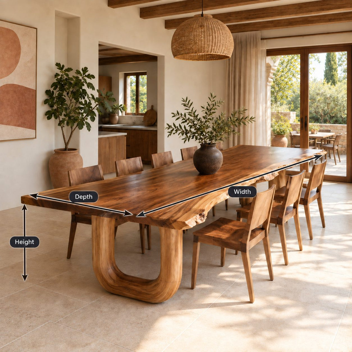Horseshoe Leg Live Edge Dining Table, Solid Wood Slab on Two Rounded U-Shaped Legs, Seats 6 to 10