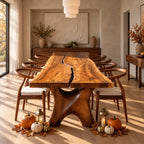 Hourglass Leg Live Edge Dining Table, Two-Board Solid Wood Slab with Natural Seam on Carved X Legs