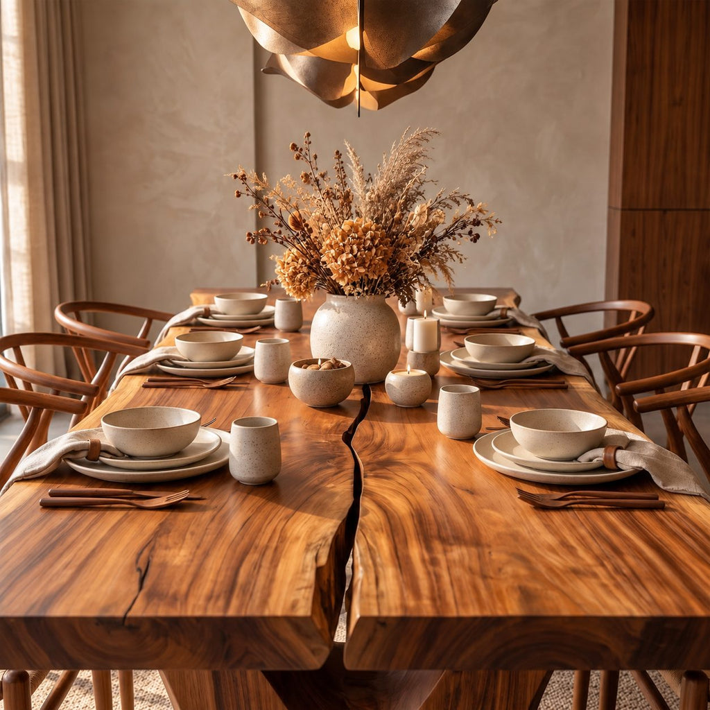 Hourglass Leg Live Edge Dining Table, Two-Board Solid Wood Slab with Natural Seam on Carved X Legs