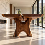 Hourglass Leg Live Edge Dining Table, Two-Board Solid Wood Slab with Natural Seam on Carved X Legs
