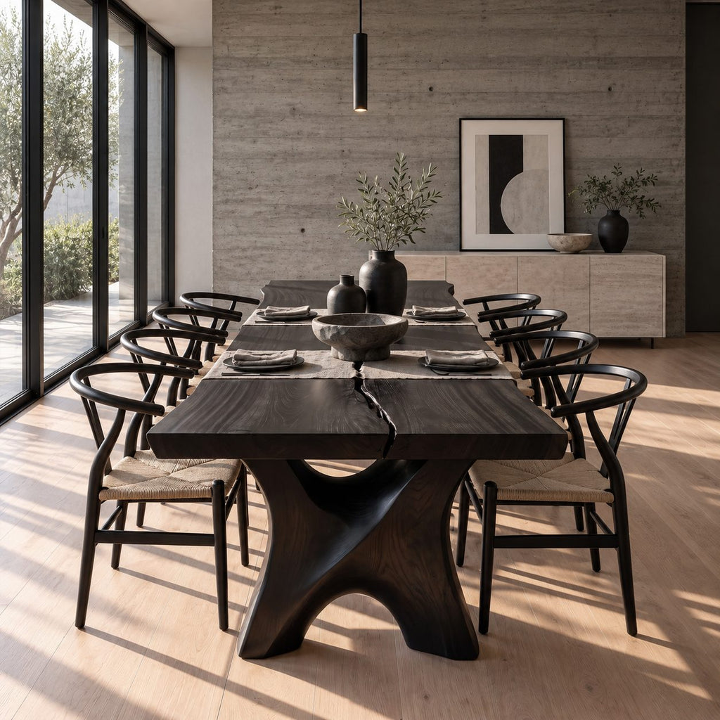 Hourglass Leg Live Edge Dining Table, Two-Board Solid Wood Slab with Natural Seam on Carved X Legs