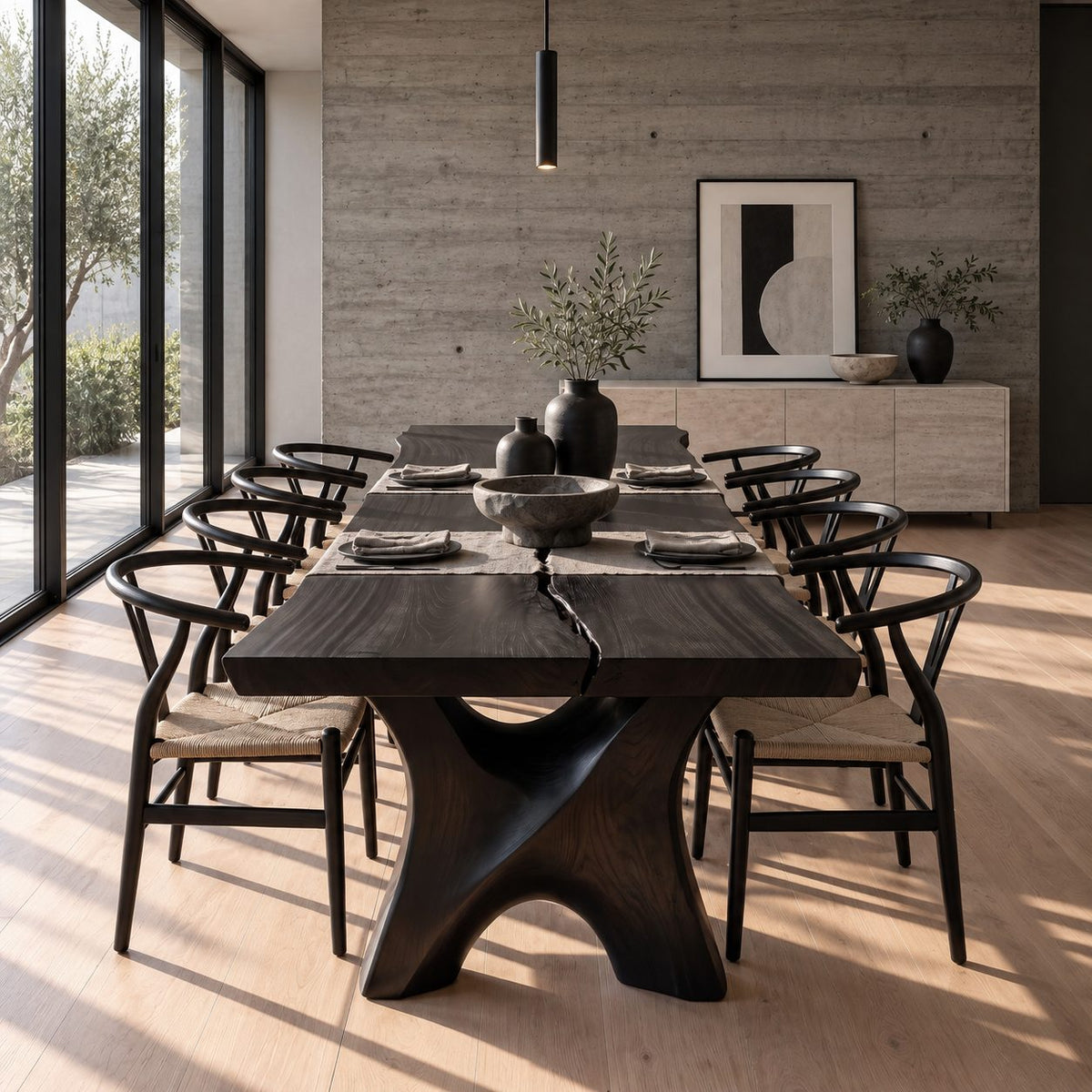Hourglass Leg Live Edge Dining Table, Two-Board Solid Wood Slab with Natural Seam on Carved X Legs