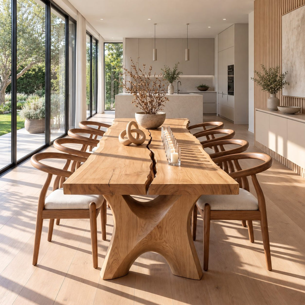 Hourglass Leg Live Edge Dining Table, Two-Board Solid Wood Slab with Natural Seam on Carved X Legs