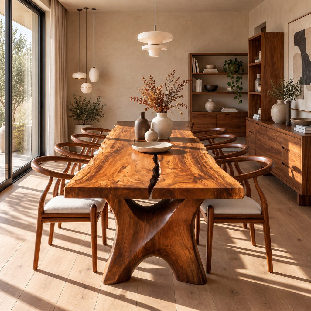 Hourglass Leg Live Edge Dining Table, Two-Board Solid Wood Slab with Natural Seam on Carved X Legs