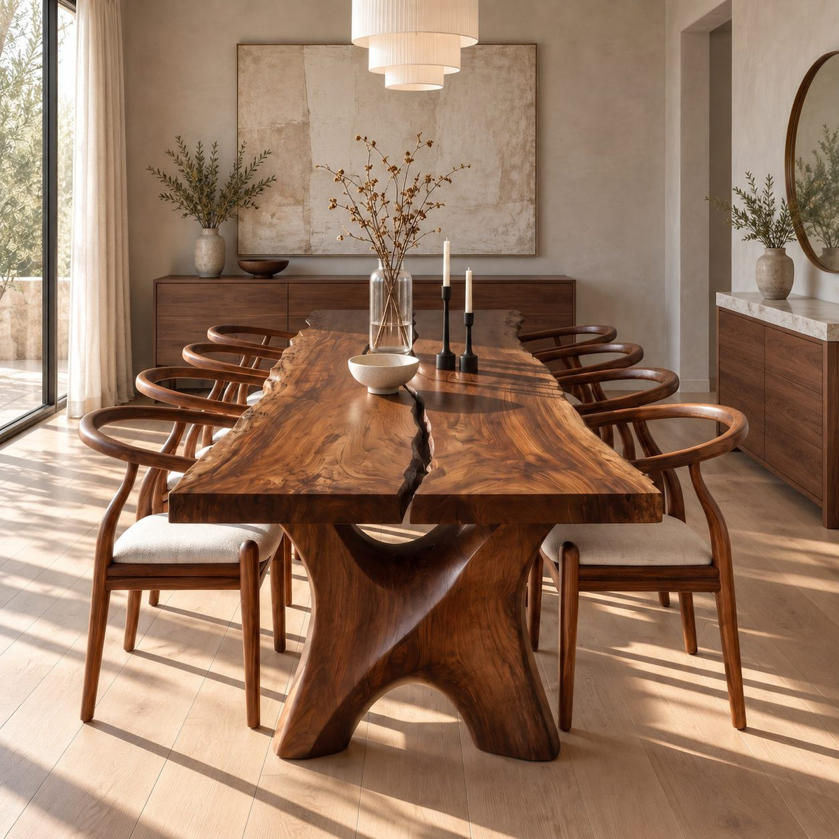 Hourglass Leg Live Edge Dining Table, Two-Board Solid Wood Slab with Natural Seam on Carved X Legs
