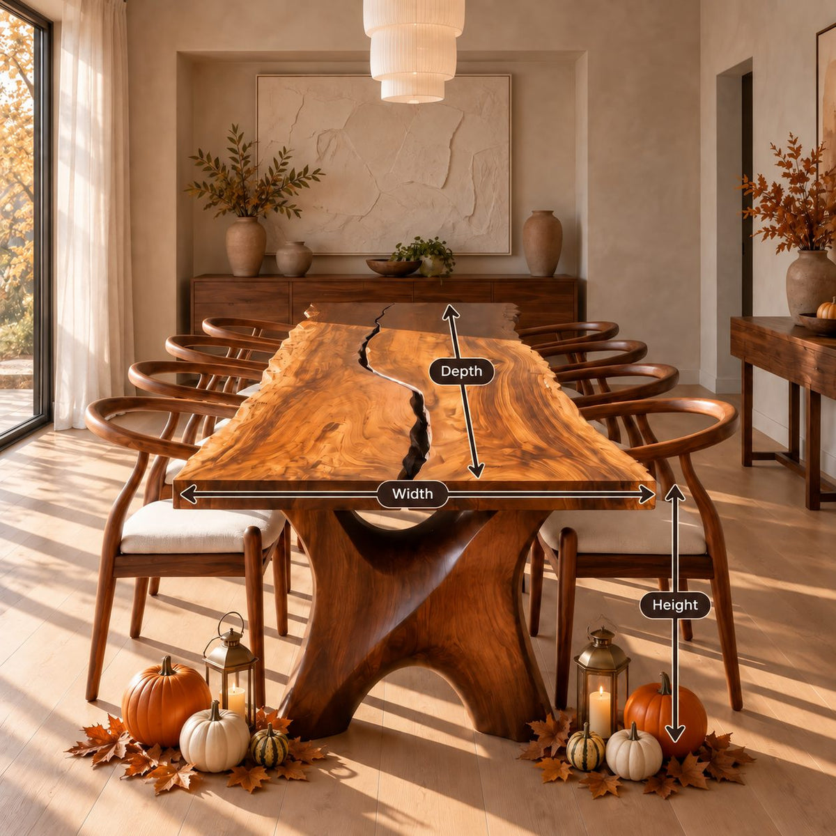 Hourglass Leg Live Edge Dining Table, Two-Board Solid Wood Slab with Natural Seam on Carved X Legs