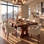 Keyhole Leg Live Edge Dining Table, Solid Wood Slab on Carved Panel Legs with Oval Cut-Outs, 48-120 Inch