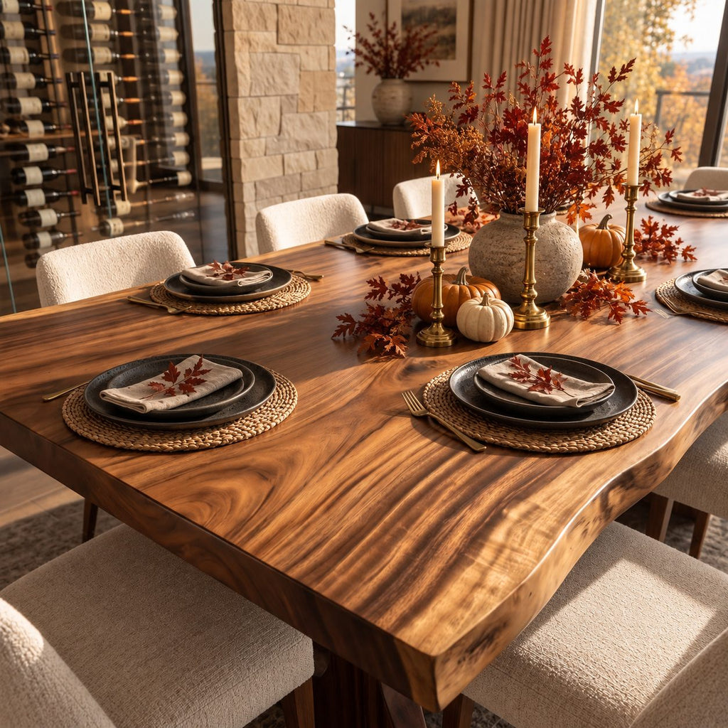Keyhole Leg Live Edge Dining Table, Solid Wood Slab on Carved Panel Legs with Oval Cut-Outs, 48-120 Inch