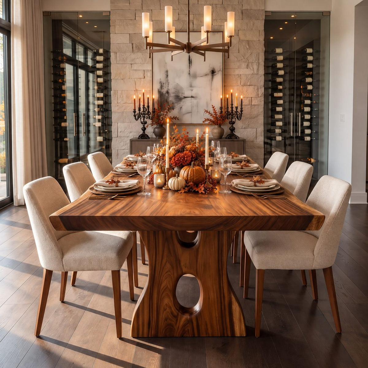 Keyhole Leg Live Edge Dining Table, Solid Wood Slab on Carved Panel Legs with Oval Cut-Outs, 48-120 Inch