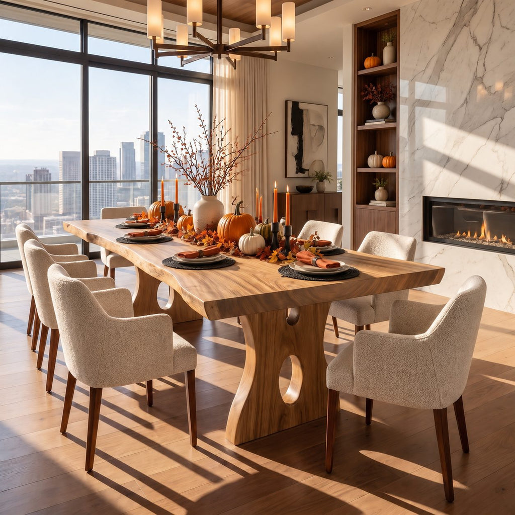 Keyhole Leg Live Edge Dining Table, Solid Wood Slab on Carved Panel Legs with Oval Cut-Outs, 48-120 Inch