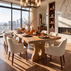 Keyhole Leg Live Edge Dining Table, Solid Wood Slab on Carved Panel Legs with Oval Cut-Outs, 48-120 Inch