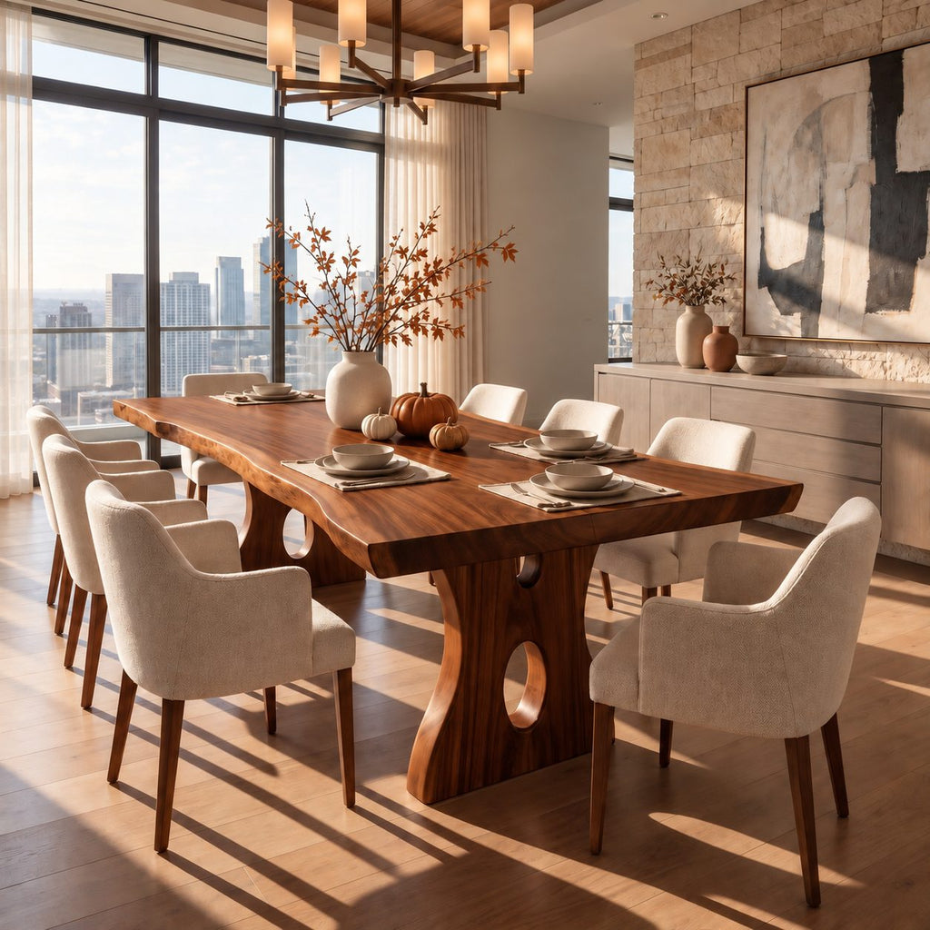 Keyhole Leg Live Edge Dining Table, Solid Wood Slab on Carved Panel Legs with Oval Cut-Outs, 48-120 Inch
