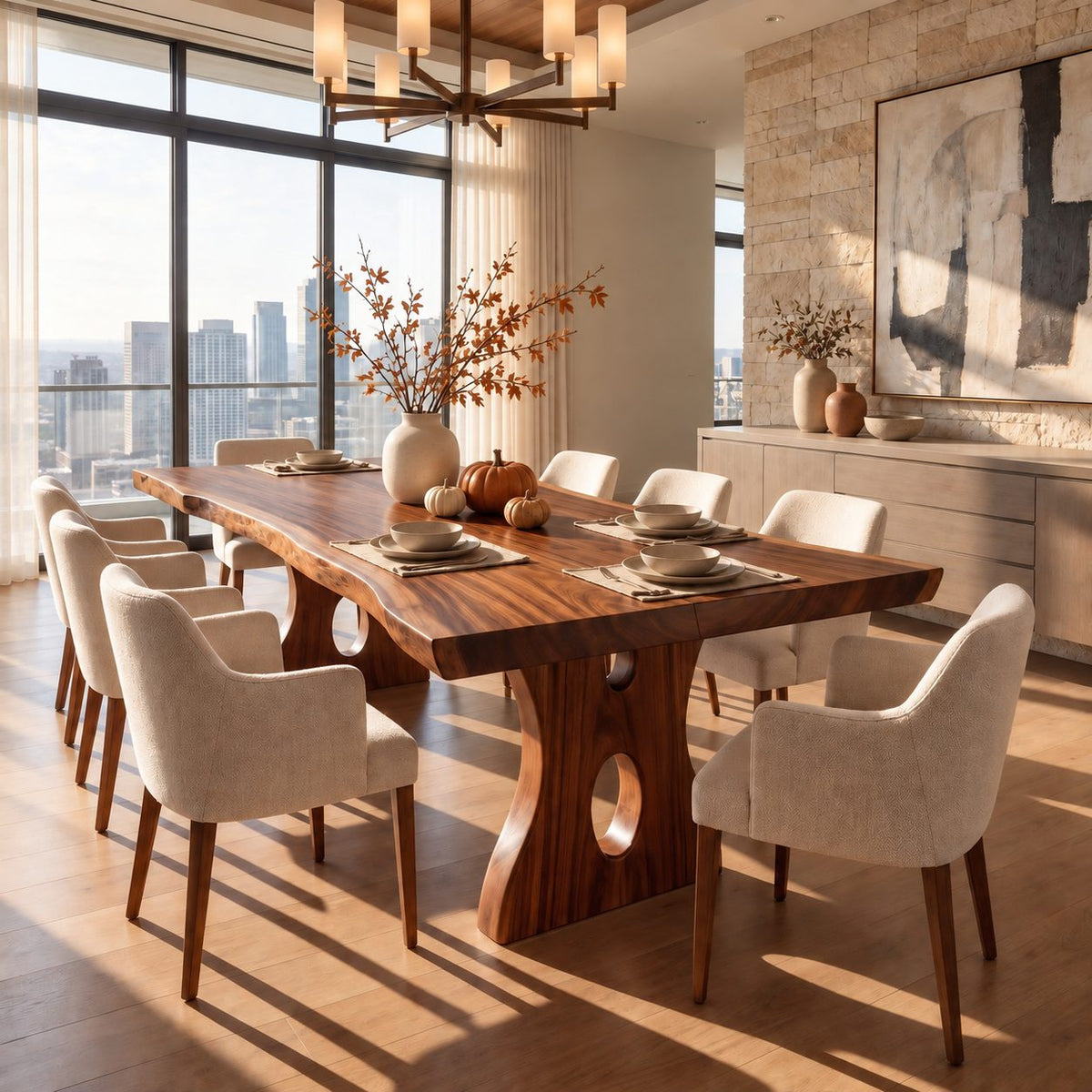 Keyhole Leg Live Edge Dining Table, Solid Wood Slab on Carved Panel Legs with Oval Cut-Outs, 48-120 Inch