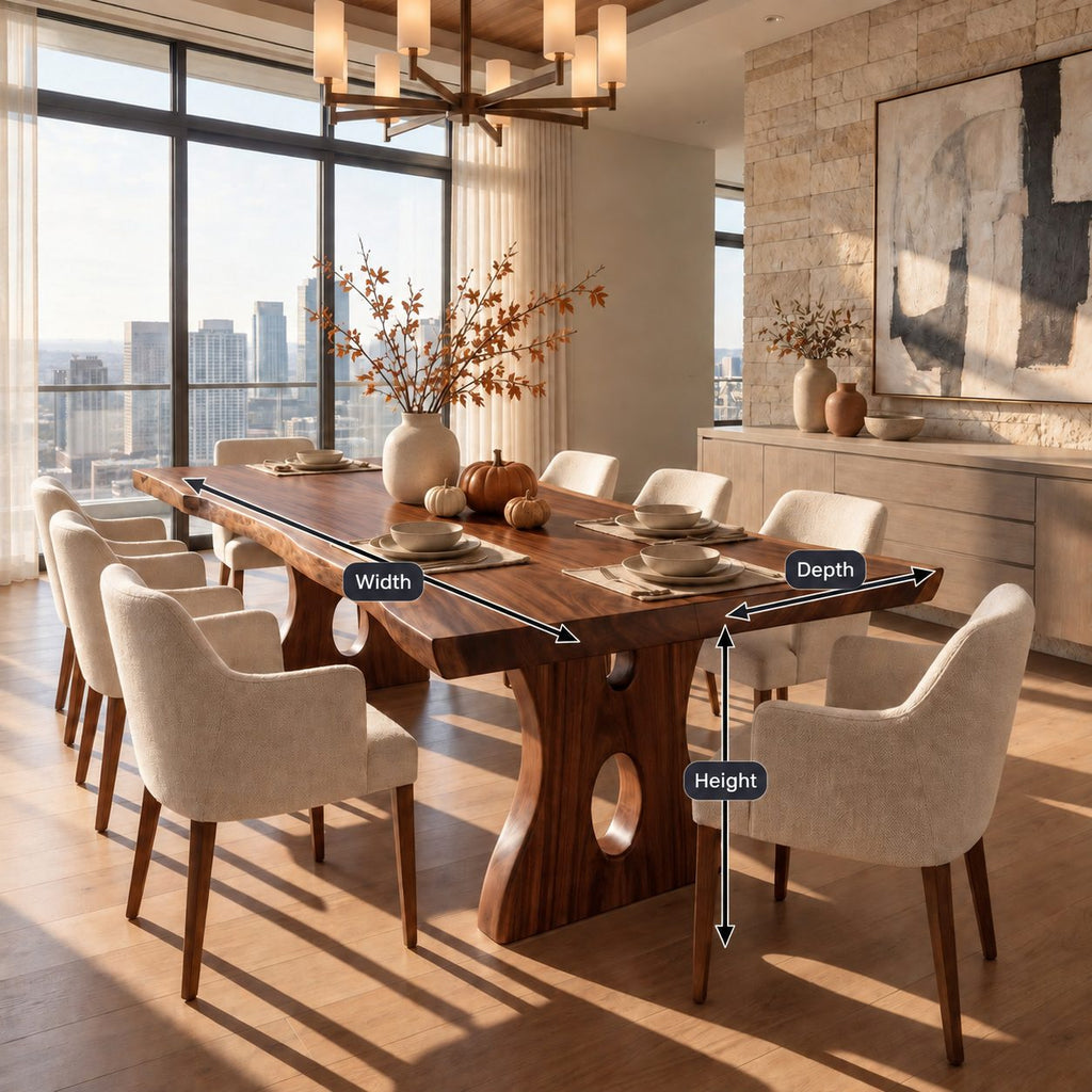 Keyhole Leg Live Edge Dining Table, Solid Wood Slab on Carved Panel Legs with Oval Cut-Outs, 48-120 Inch