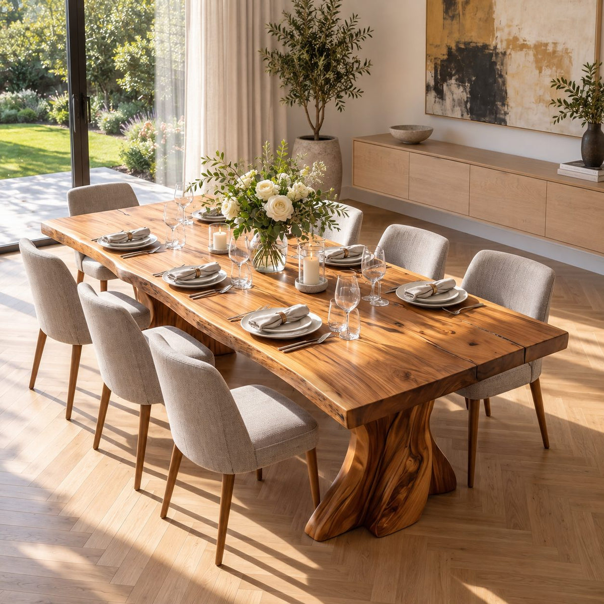 Tree Form Live Edge Dining Table, Solid Wood Slab on Two Twisted Driftwood-Style Carved Legs, 48-120 Inch